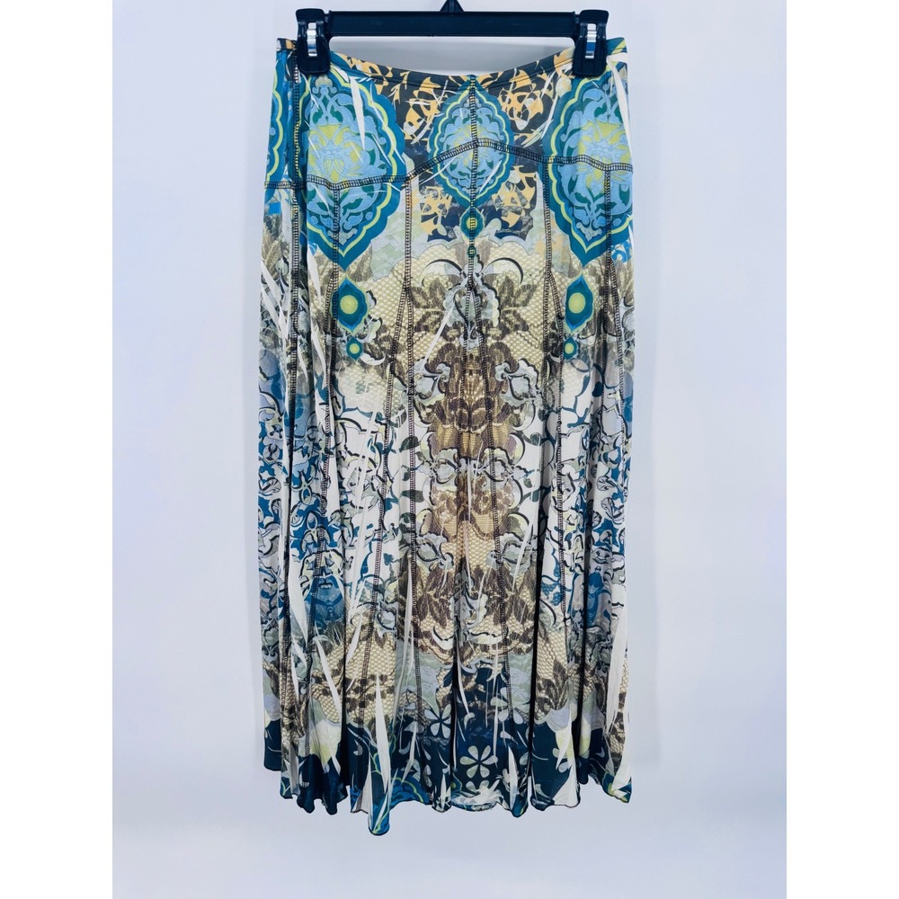Live and Let Live Maxi Skirt Blue Tan Boho Artsy Festival Pull On Gypsy Size S